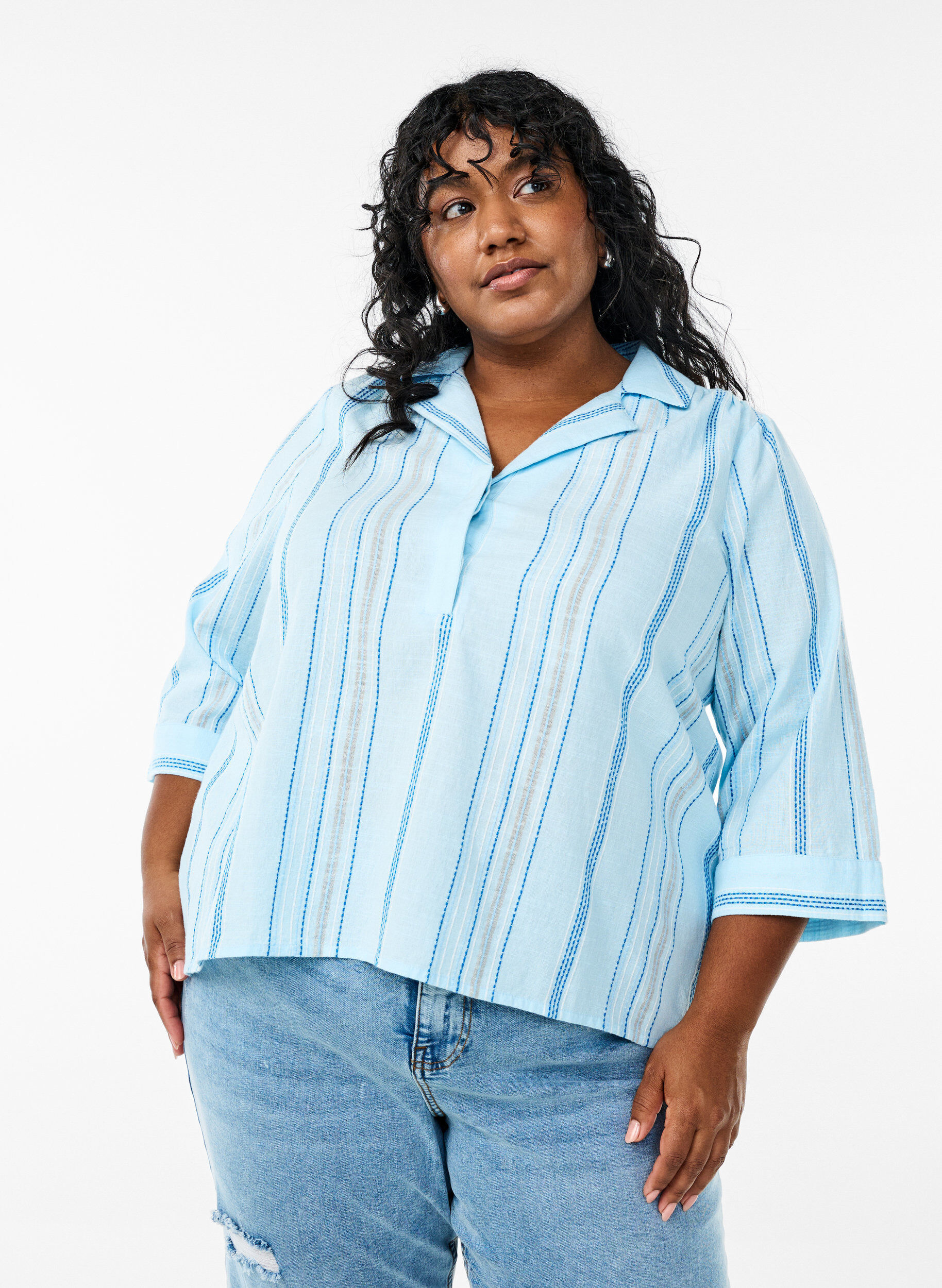 Zizzi Blouse avec col et manches 3/4, Bleu Clair, Model image number 0