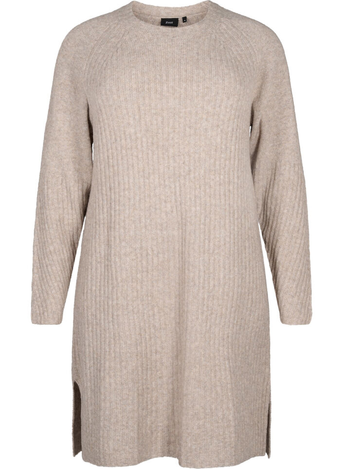 Robe en tricot côtelé avec fente, Simply Taupe Mel., Packshot image number 0
