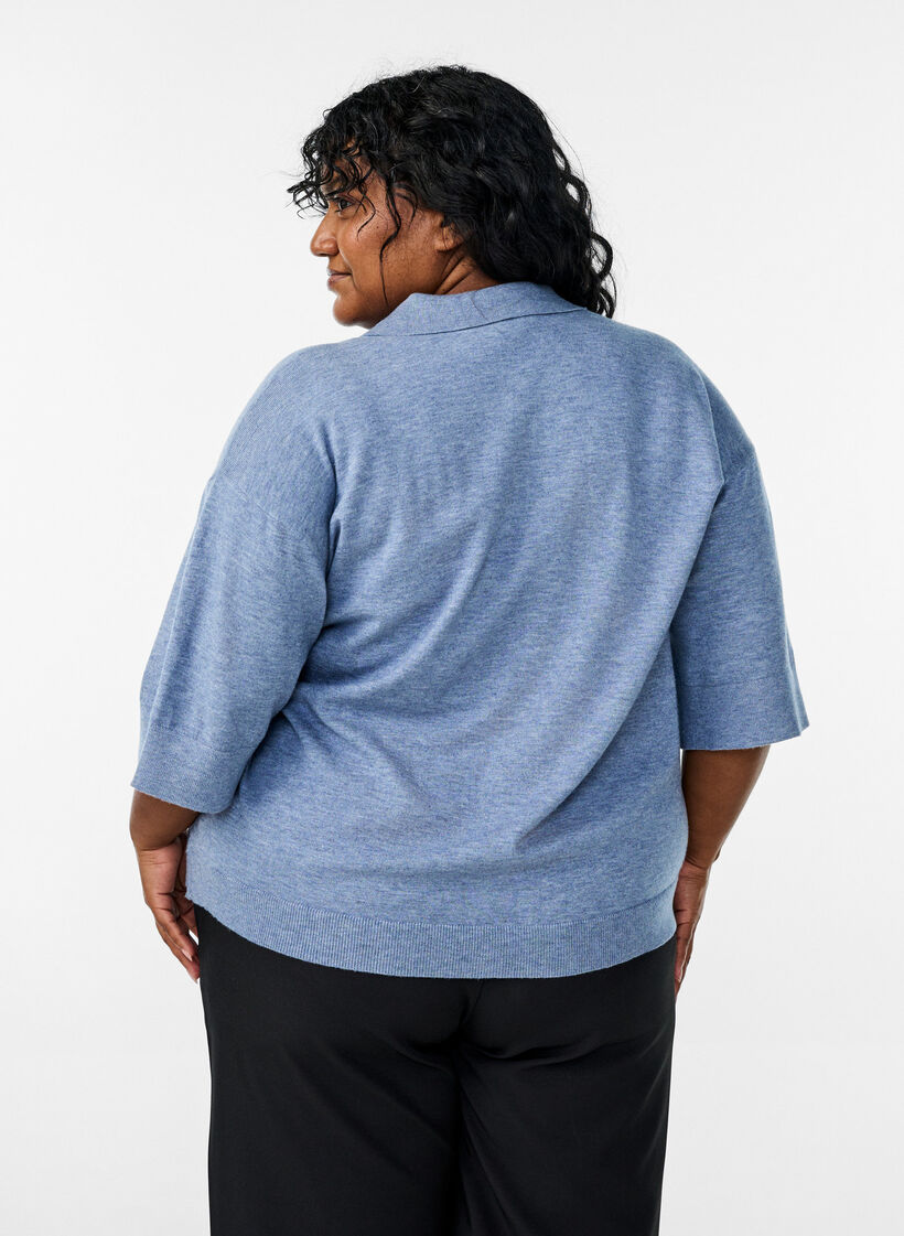 Strickbluse mit Kragen und kurzen Ärmeln, Blau, Model image number 2