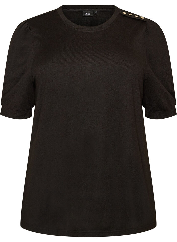 Bluse mit Knopfdetail und kurzen Puff&auml;rmeln, Schwarz, Packshot image number 0