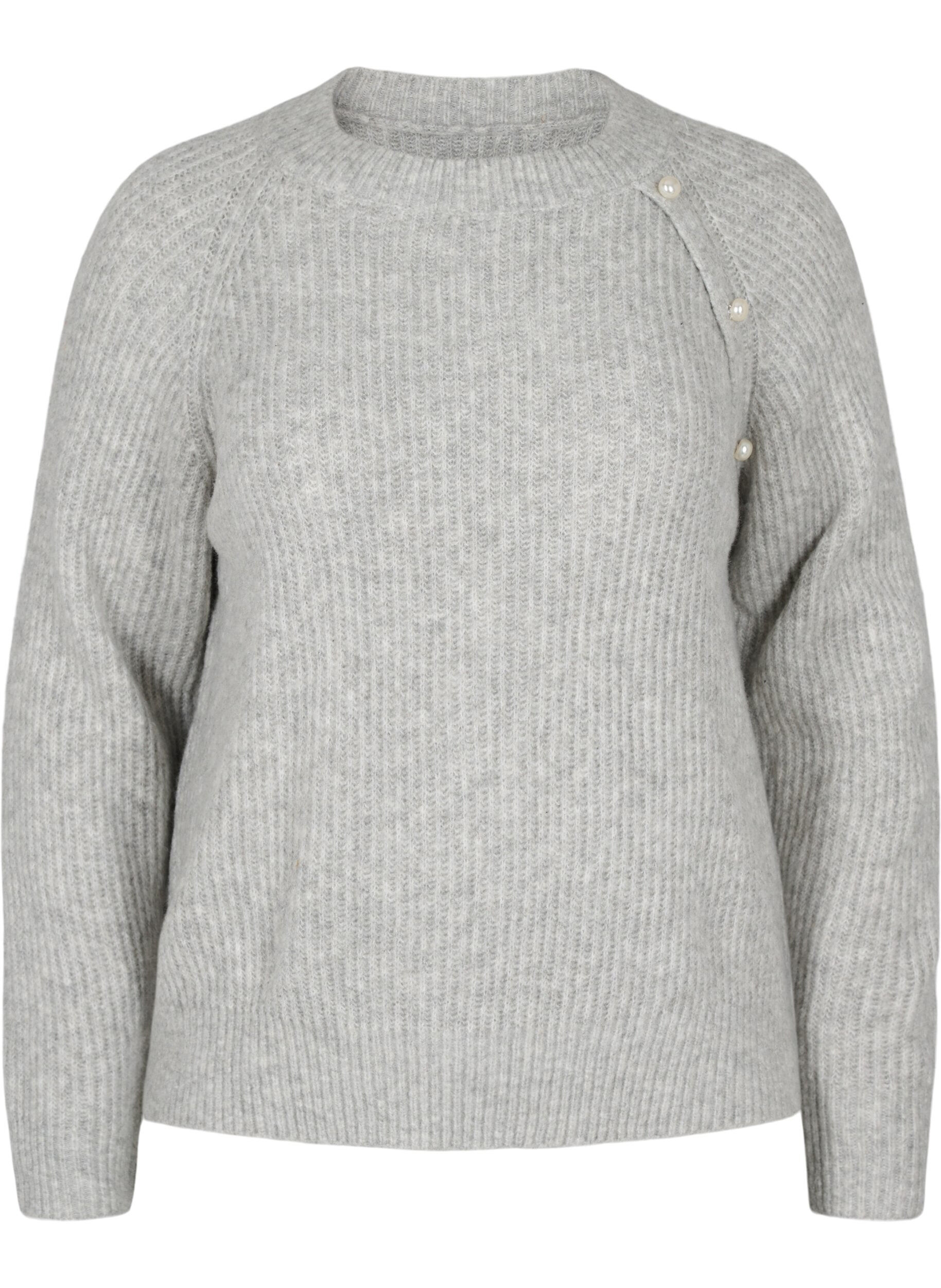 Zizzi Melange-Pullover mit perlenbesetzten Kn&ouml;pfen, Light Grey Melange, Packshot image number 0