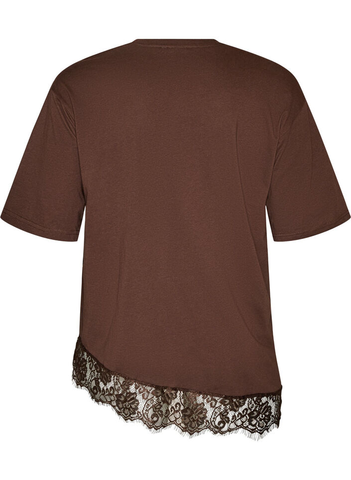 T-shirt avec ourlet asym&eacute;trique en dentelle, Marron, Packshot image number 1