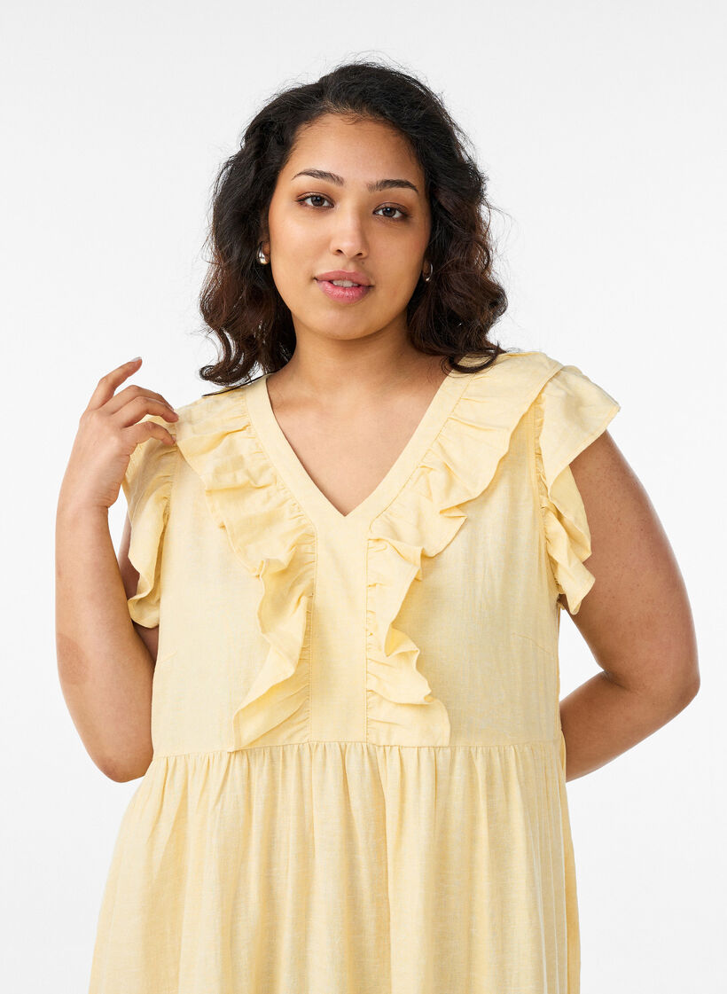 &Auml;rmelloses Midikleid aus Leinen und Viskose mit R&uuml;schen, Gelb, Model image number 2