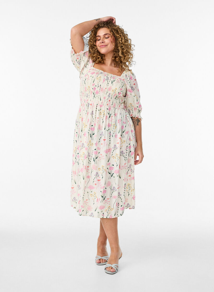 Robe d'&eacute;t&eacute; florale en viscose, Vanille, Model image number 0
