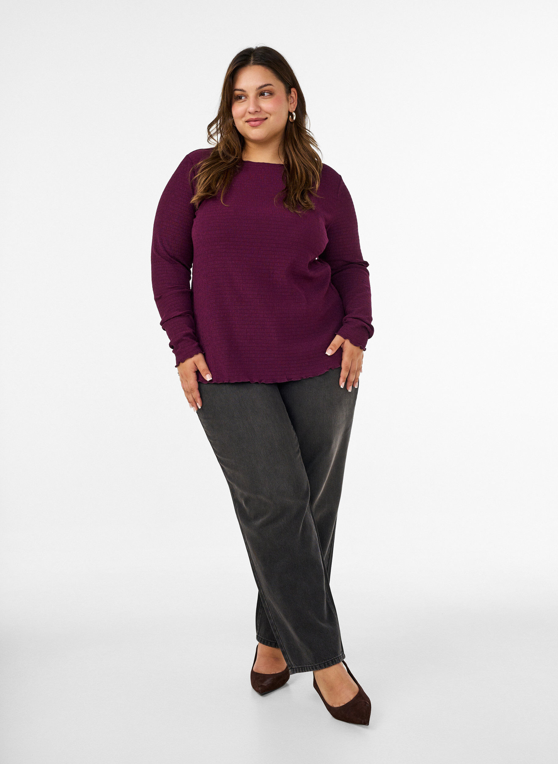 ZizziBlouse textur&eacute;e avec bords ondul&eacute;s, Violet, Model image number 1