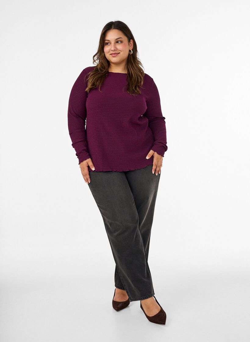 Blouse textur&eacute;e avec bords ondul&eacute;s, Violet, Model image number 1
