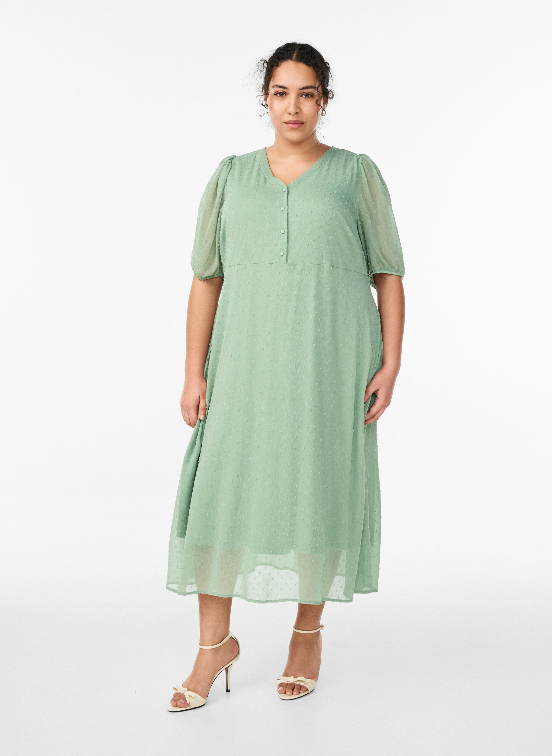 Midi-Kleid mit V-Ausschnitt und Bindeband, Gr&uuml;n, Model