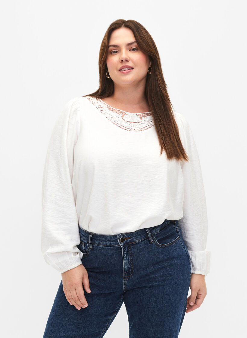 Bluse aus Viskose mit Häkeldetails, Bright White, Model image number 0