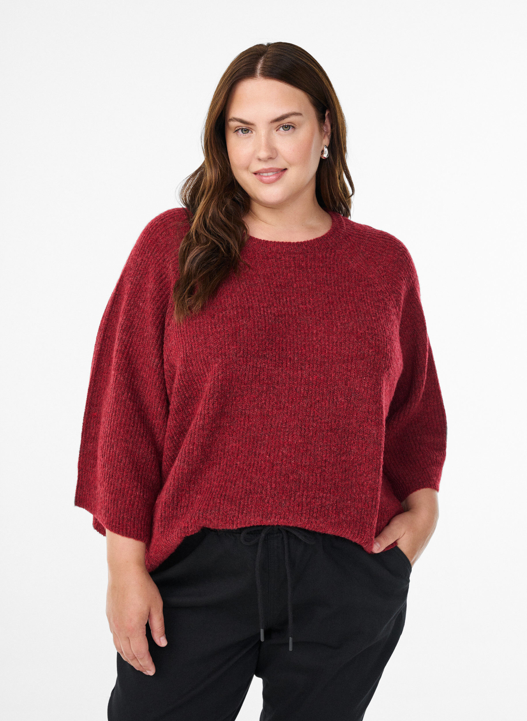 Pull c&ocirc;tel&eacute; &agrave; manches 3/4, Rouge, Model
