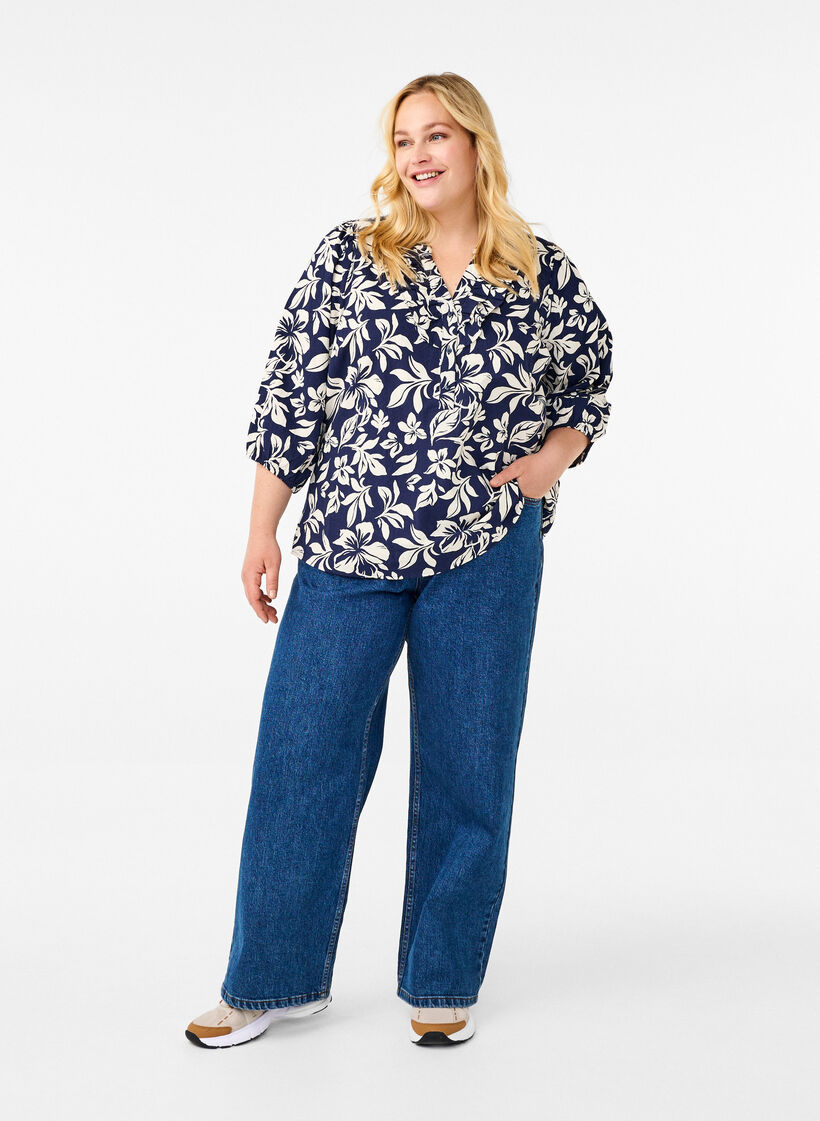 Baumwollbluse mit 3/4-Ärmeln und Print, Naval Academy Flower, Model image number 2