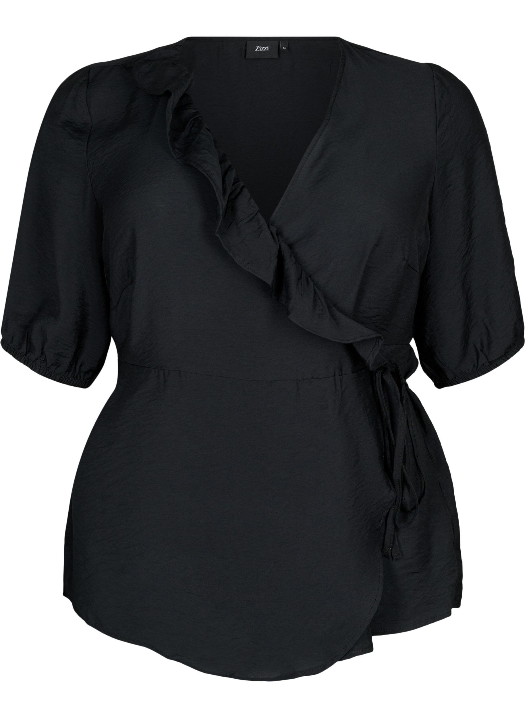 Zizzi Blouse cache-c&oelig;ur en viscose avec manches mi-longues, Black, Packshot image number 0