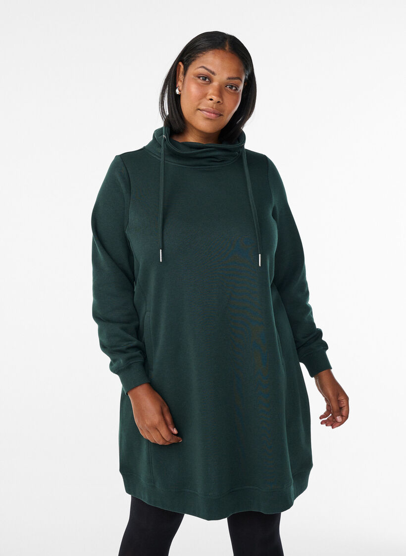 FLASH - Kurzes Sweatshirtkleid mit Stehkragen und Taschen, Grün, Model image number 0
