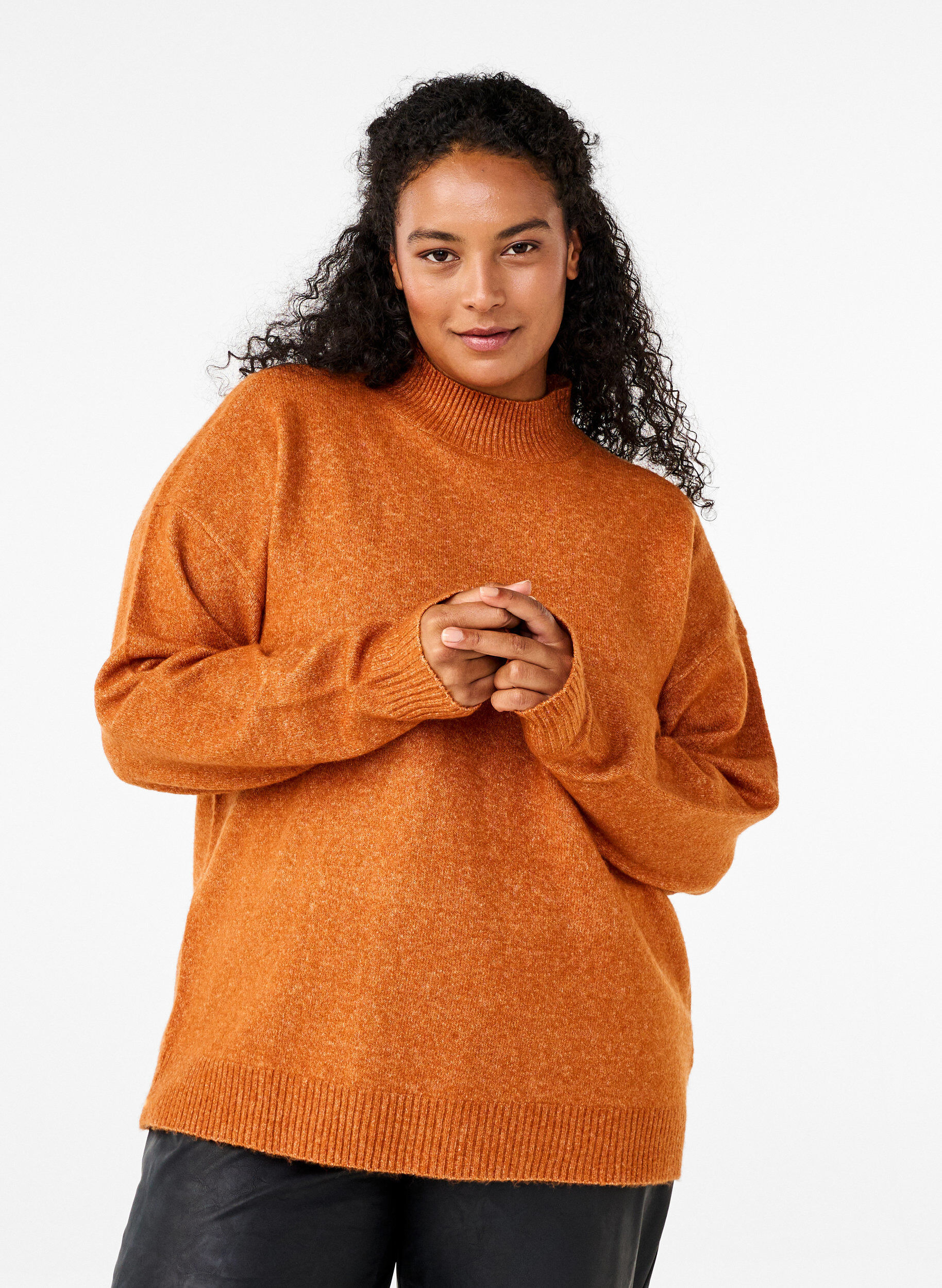 Zizzi Gestrickte Wollbluse mit hohem Kragen, Autumnal Mel., Model image number 0