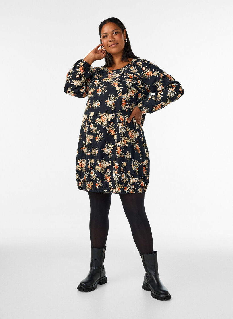 Robe courte en coton avec un ourlet &eacute;lastique et des manches longues, Noir, Model image number 1