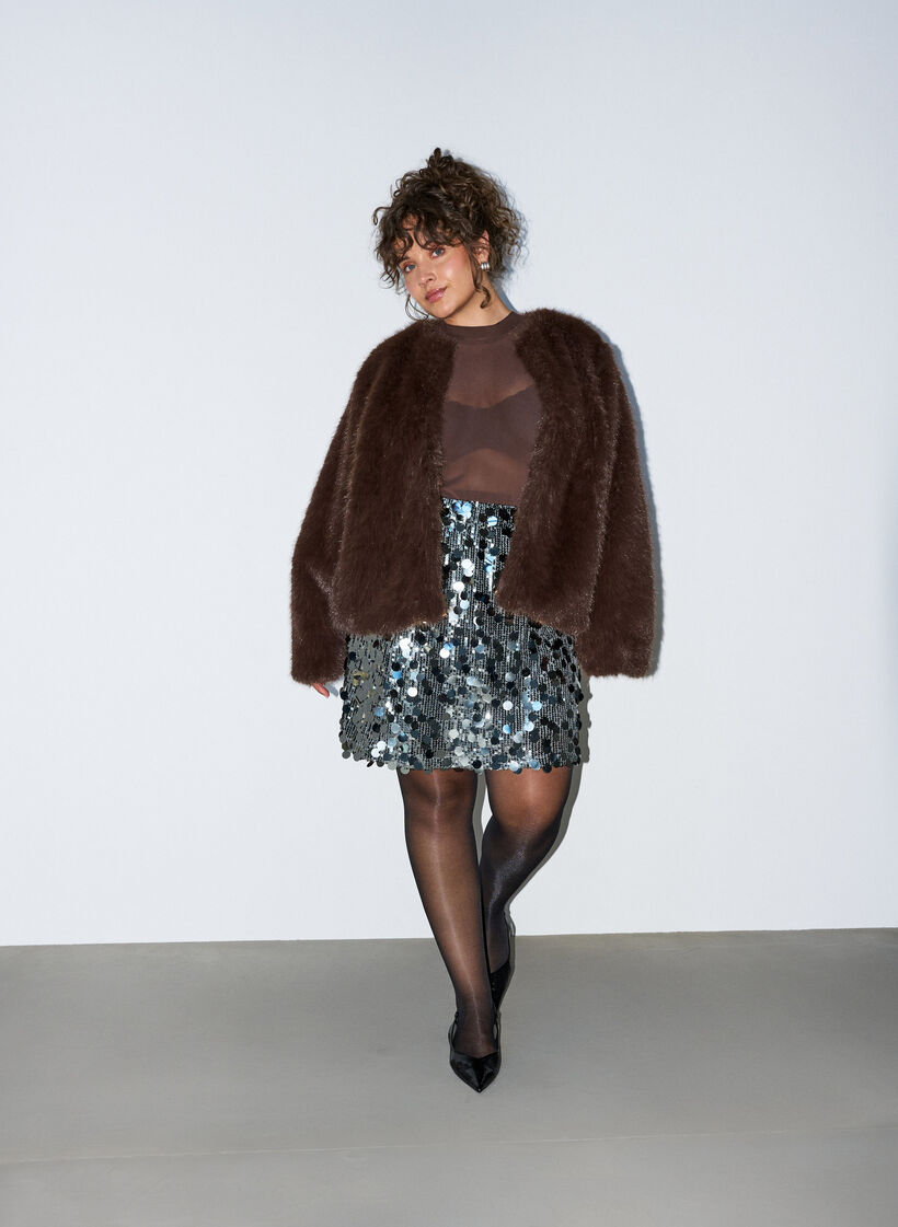 Veste courte en fausse fourrure ouverte sur le devant, Marron, Model image number 1