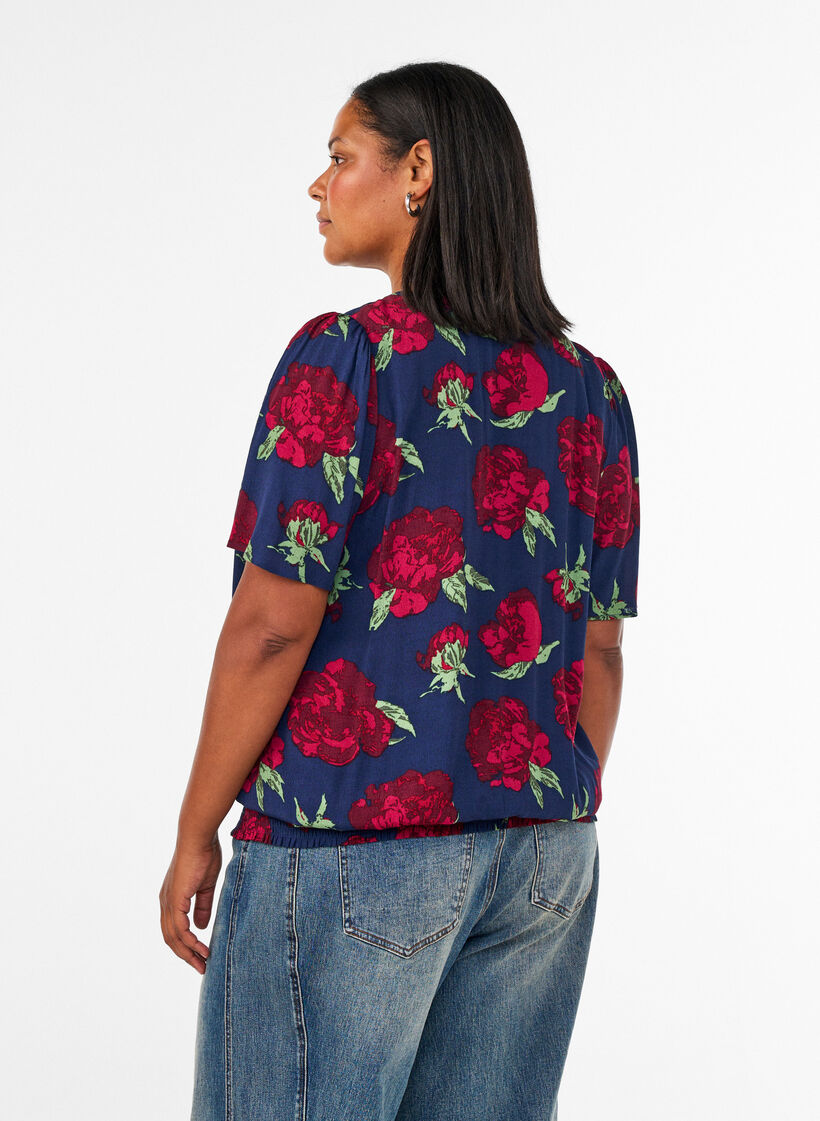Bluse aus Viskose mit Blumenprint und Ballonform, Blau, Model image number 2