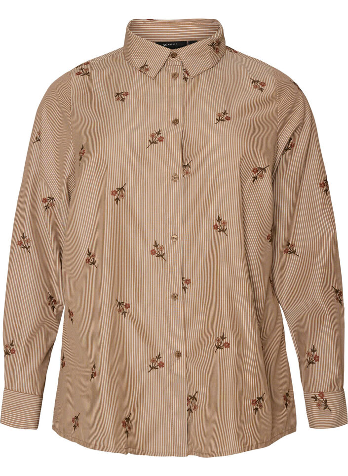 Gestreifte Bluse mit bestickten Blumen, Braun, Packshot image number 0