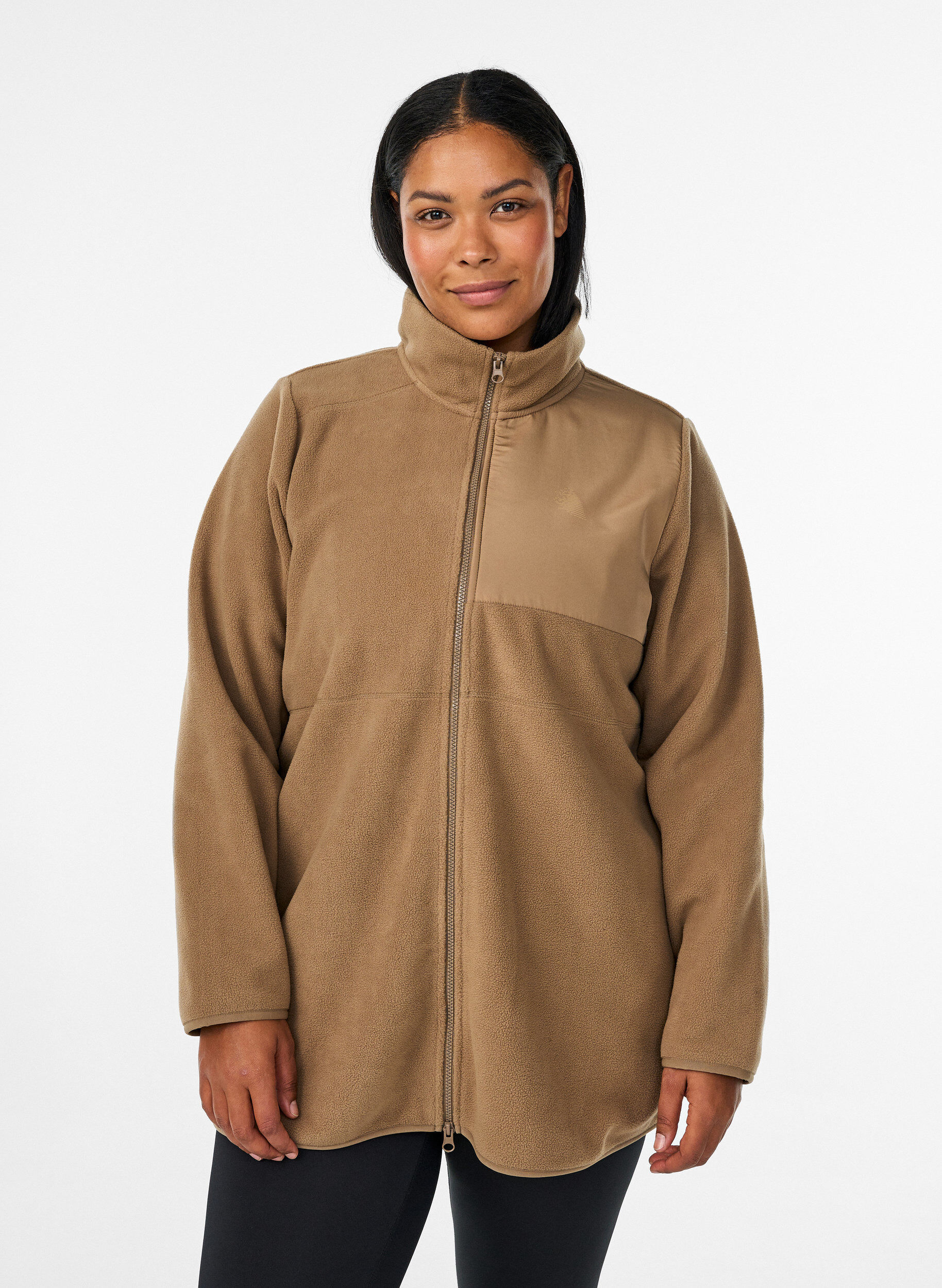 Zizzi Veste polaire avec col montant et zip, Marron, Model image number 0