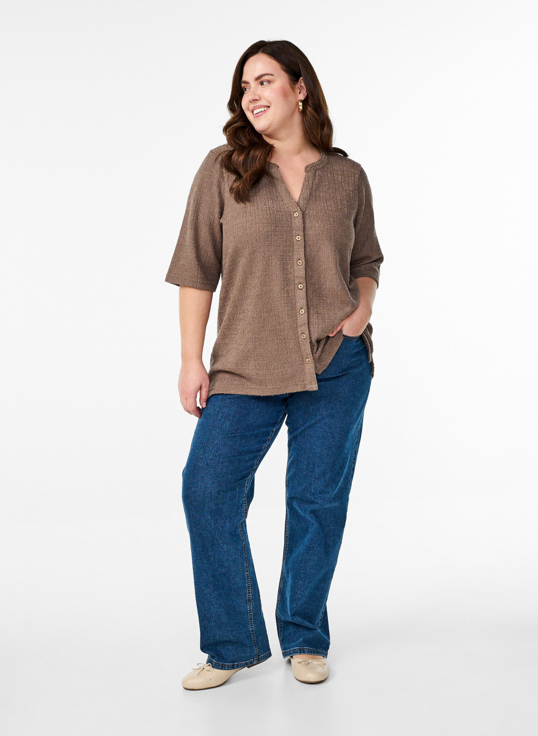 Zizzi Chemisier structur&eacute; avec encolure en V, Walnut, Model image number 2