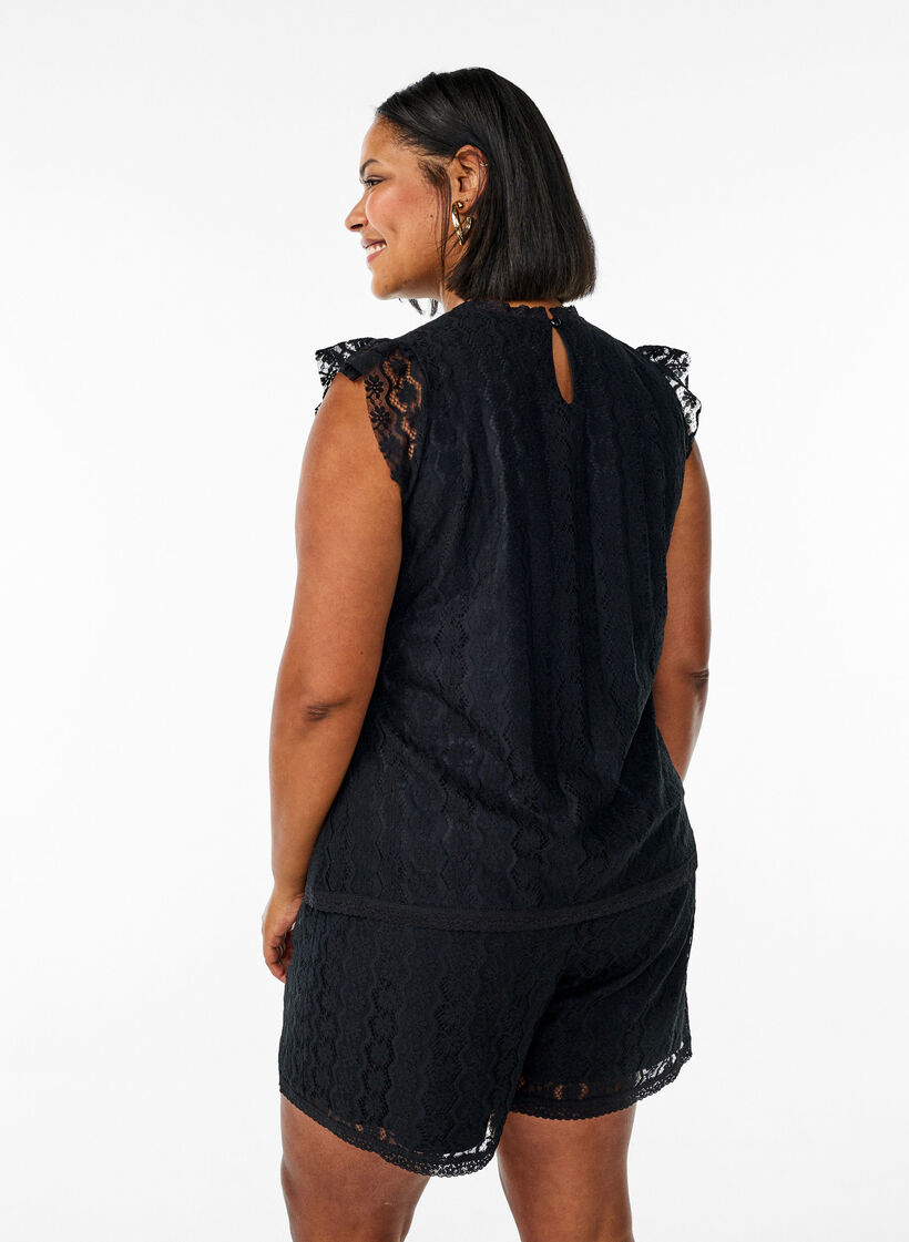 Spitzentop mit Rüschendetails, Schwarz, Model image number 2