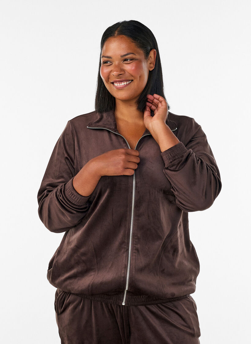 Cardigan en velours doux avec fermeture zipp&eacute;e et col montant, Marron, Model image number 0