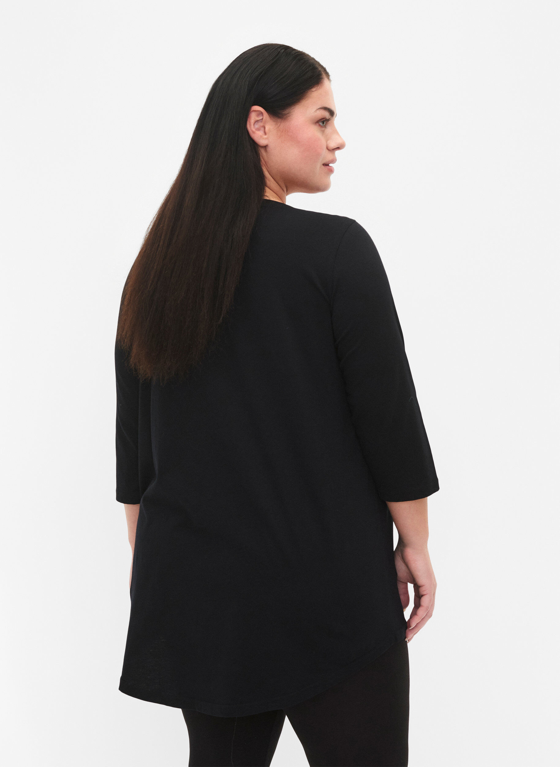 Zizzi T-shirt en coton &agrave; manches 3/4, Black, Model image number 1