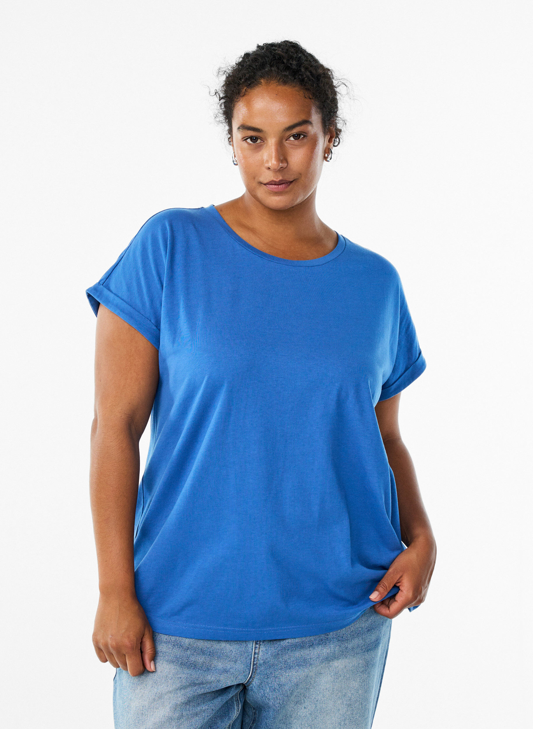 T-shirt &agrave; manches courtes en m&eacute;lange de coton, Bleu, Model