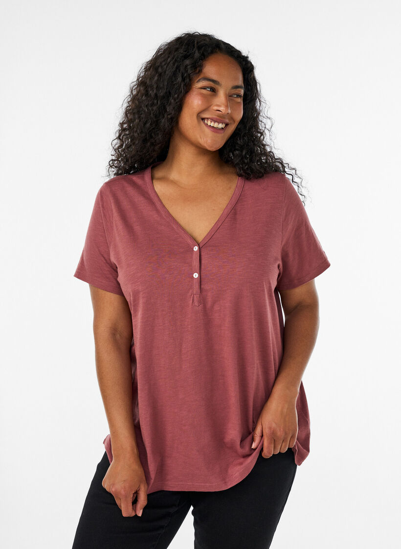 T-shirt dot&eacute; de boutons, Marron, Model image number 0
