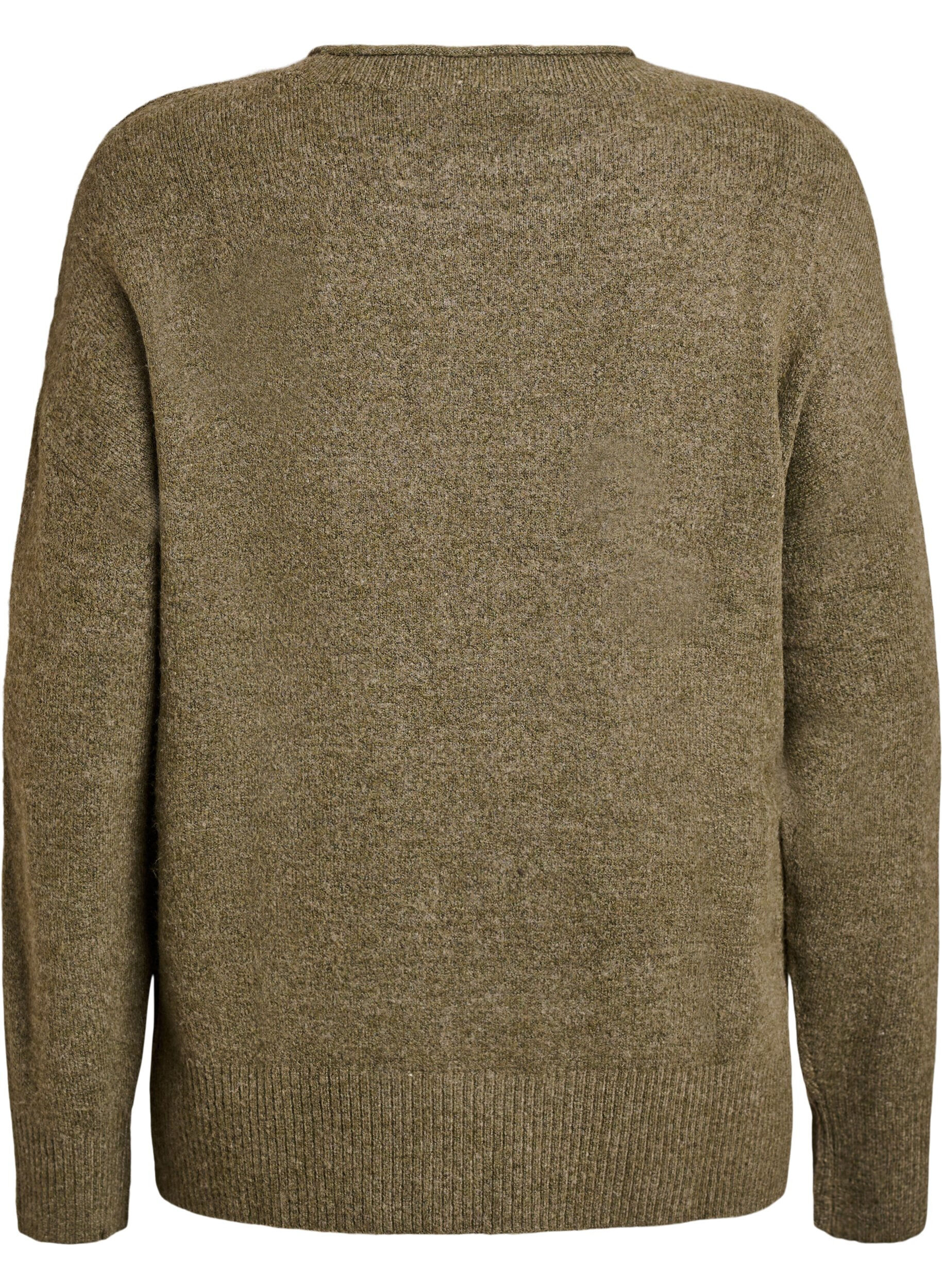 ZizziBlouse en maille avec motif c&ocirc;tel&eacute; en V et fentes, Vert Kaki, Packshot image number 1