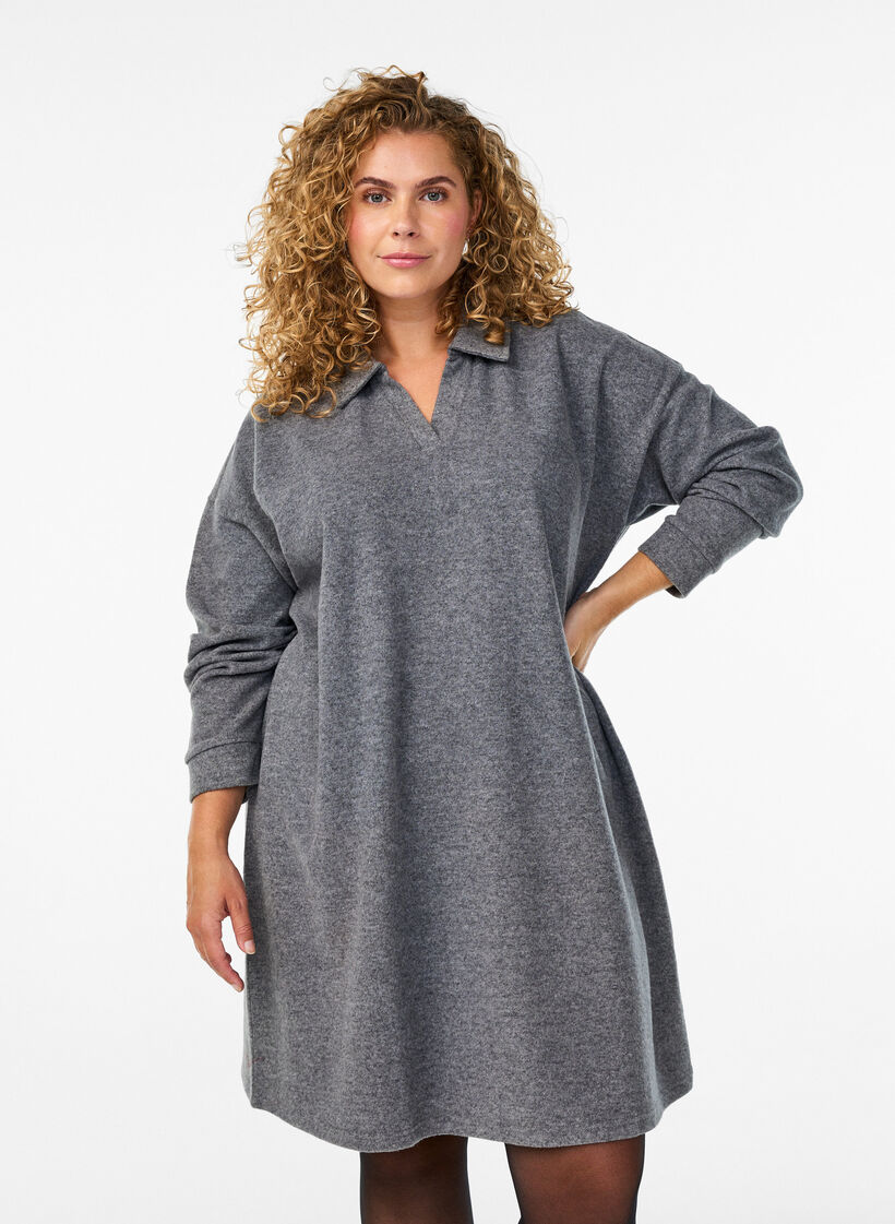 Knielanges Kleid aus Jersey mit V-Ausschnitt und Kragen, Grau, Model image number 1