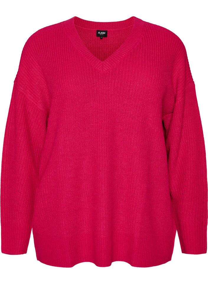 Lange Bluse aus Rippstrick mit V-Ausschnitt, Pink, Packshot image number 0
