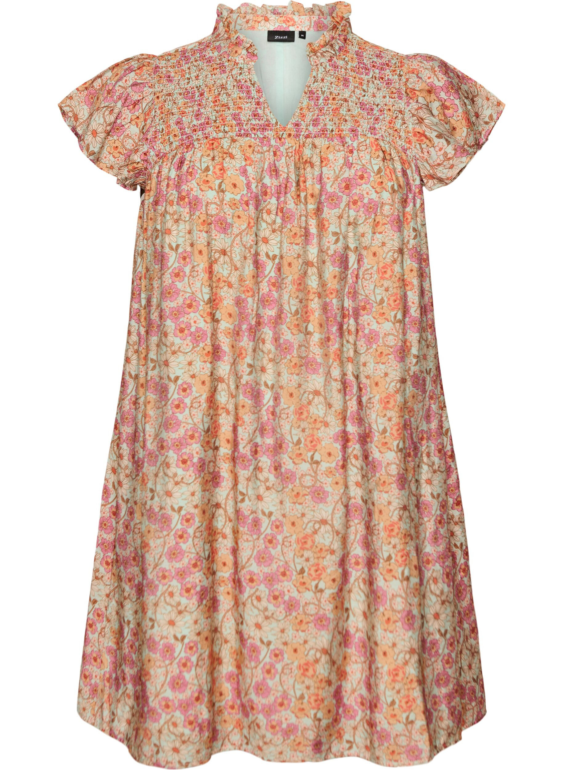 ZizziRobe courte en viscose avec smocks et imprim&eacute; fleuri, Orange, Packshot image number 0