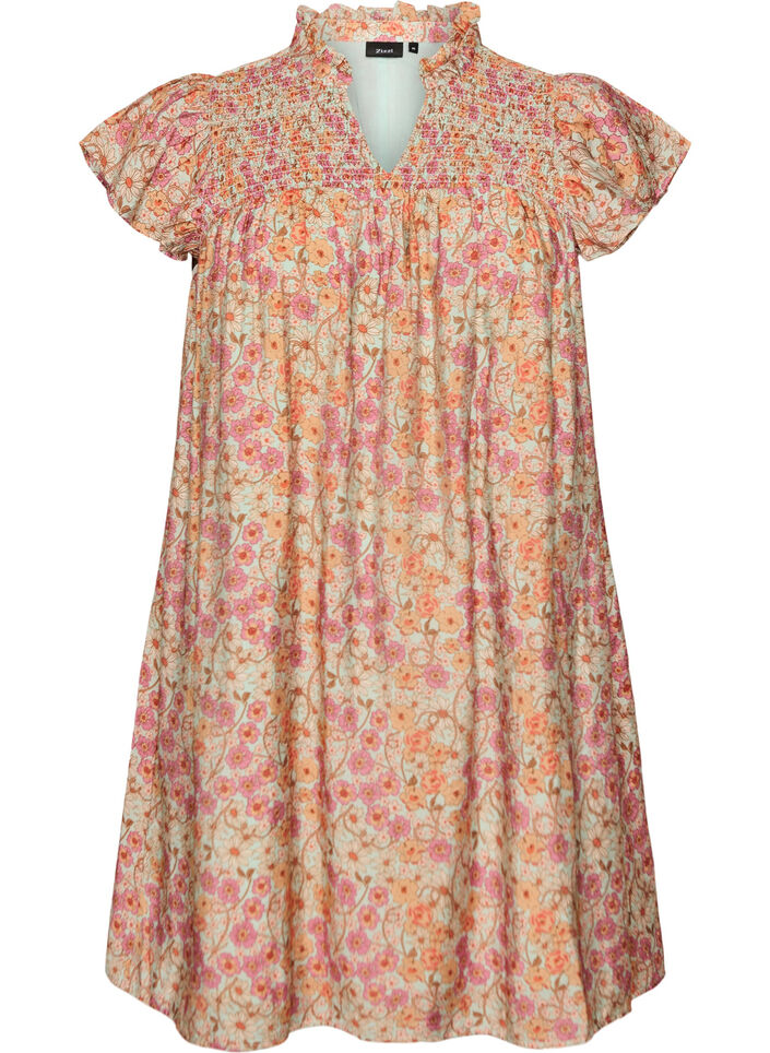 Robe courte en viscose avec smocks et imprim&eacute; fleuri, Orange, Packshot image number 0