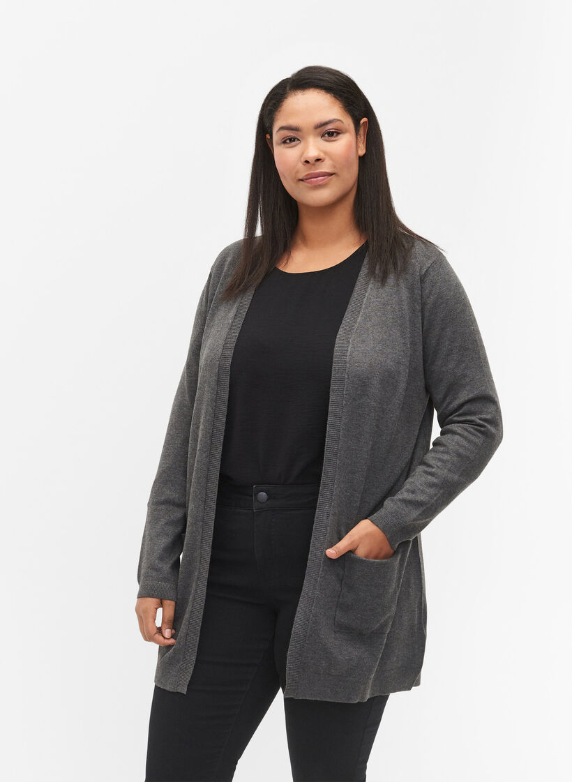 Long cardigan tricoté dans un mélange de viscose, Gris anthracite, Model image number 0