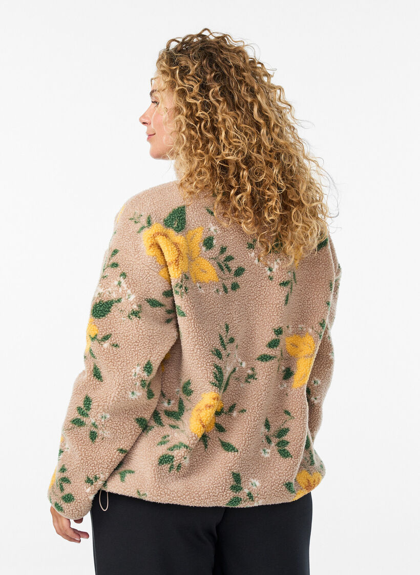 Gebl&uuml;mte Fleecejacke mit hohem Kragen und Rei&szlig;verschluss, Beige, Model image number 2