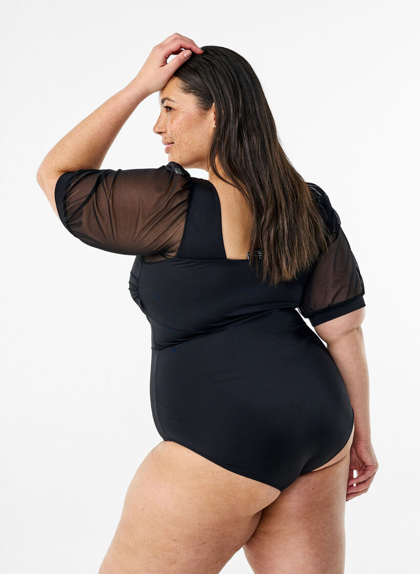 Badeanzug mit kurzen Mesh-Ärmeln, Black, Model image number 1