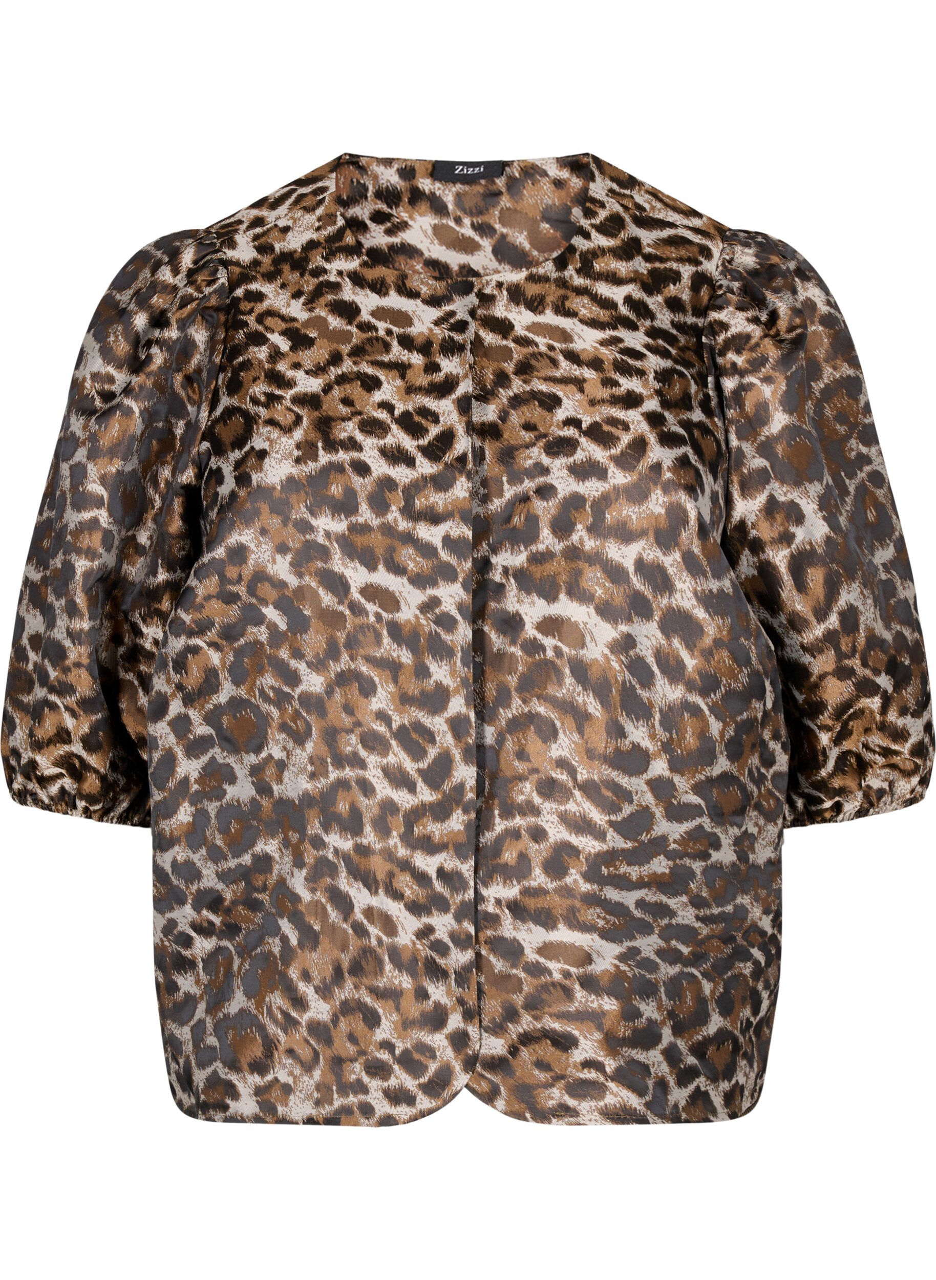Zizzi Jacquard-Leo-Jacke mit Puff&auml;rmeln, Brown Leo AOP, Packshot image number 0