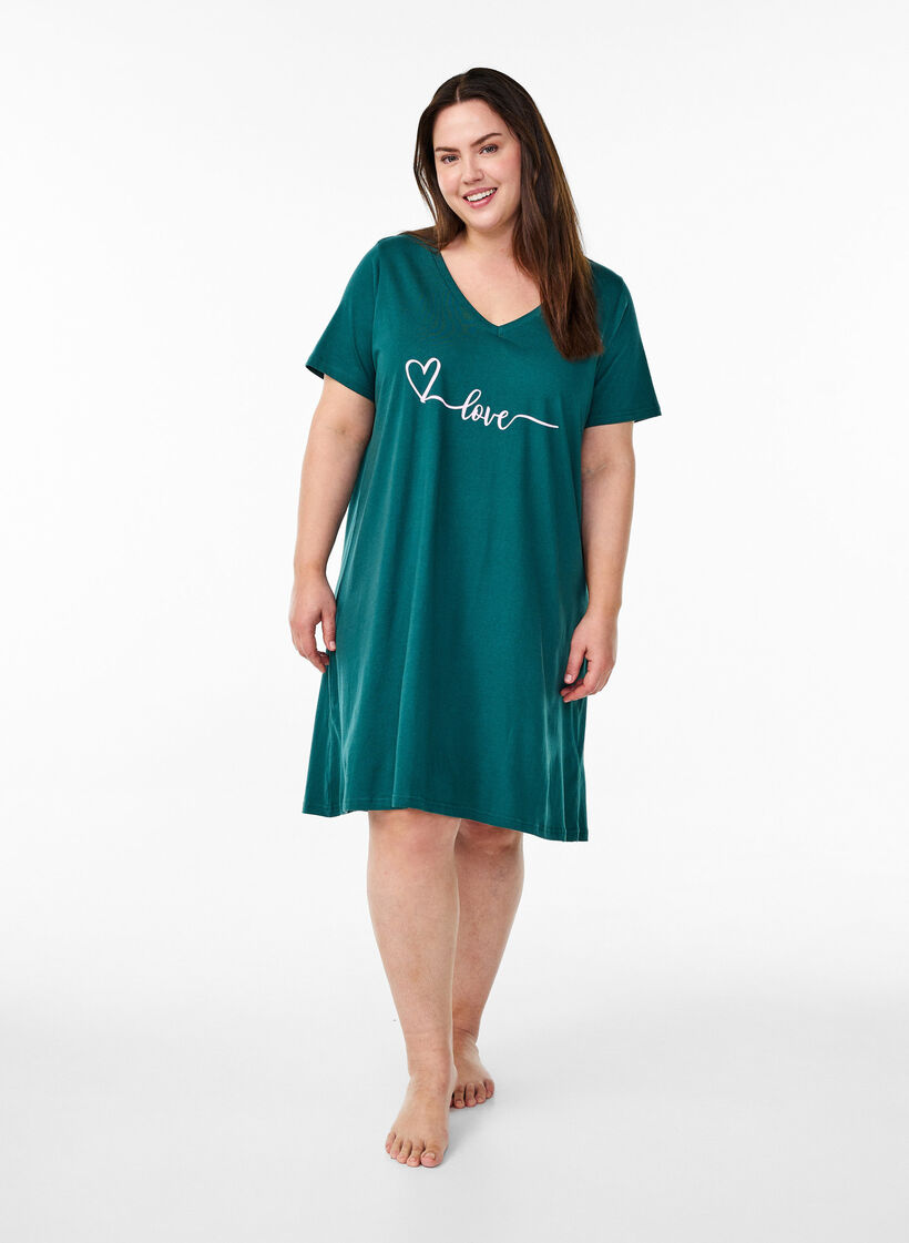 Chemise de nuit en coton biologique et &agrave; col en V, Vert fonc&eacute;, Model image number 1