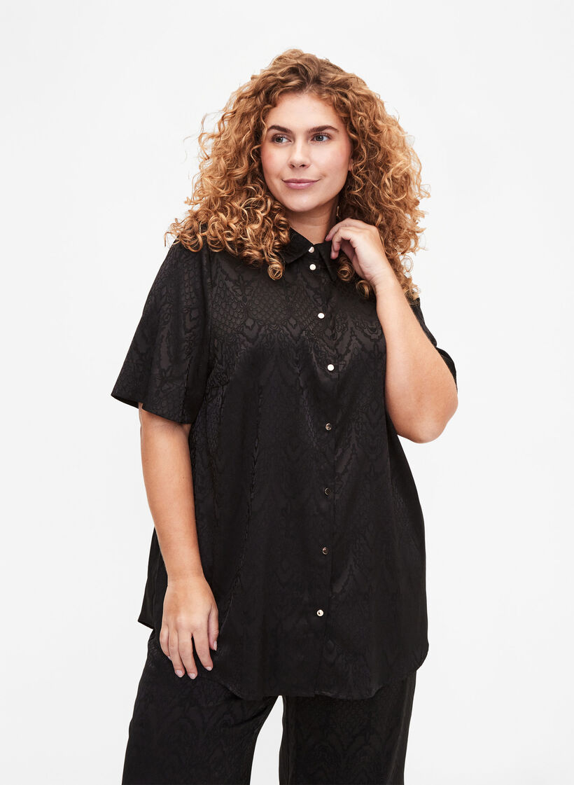 Chemise longue avec motif texturé, Black, Model image number 0