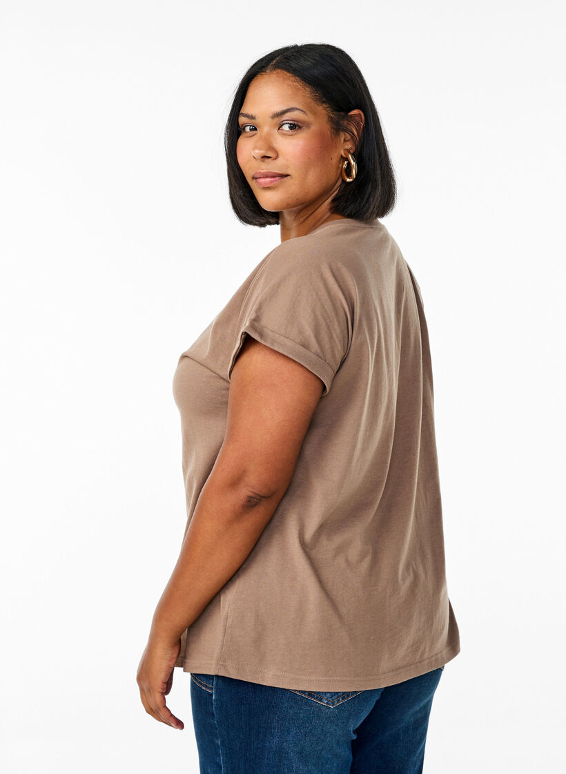 T-shirt &agrave; manches courtes en m&eacute;lange de coton, Marron, Model image number 2