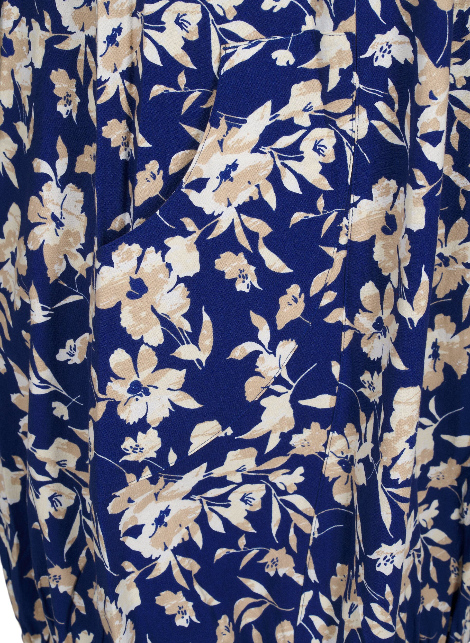 Zizzi Kurz&auml;rmliges Baumwollkleid mit Blumenaufdruck, Blau, Packshot image number 3