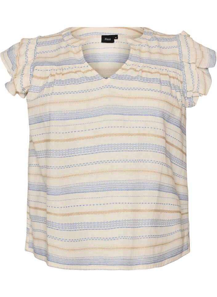 &Auml;rmellose Bluse mit R&uuml;schen und gemusterten Streifen, Vanille, Packshot image number 0