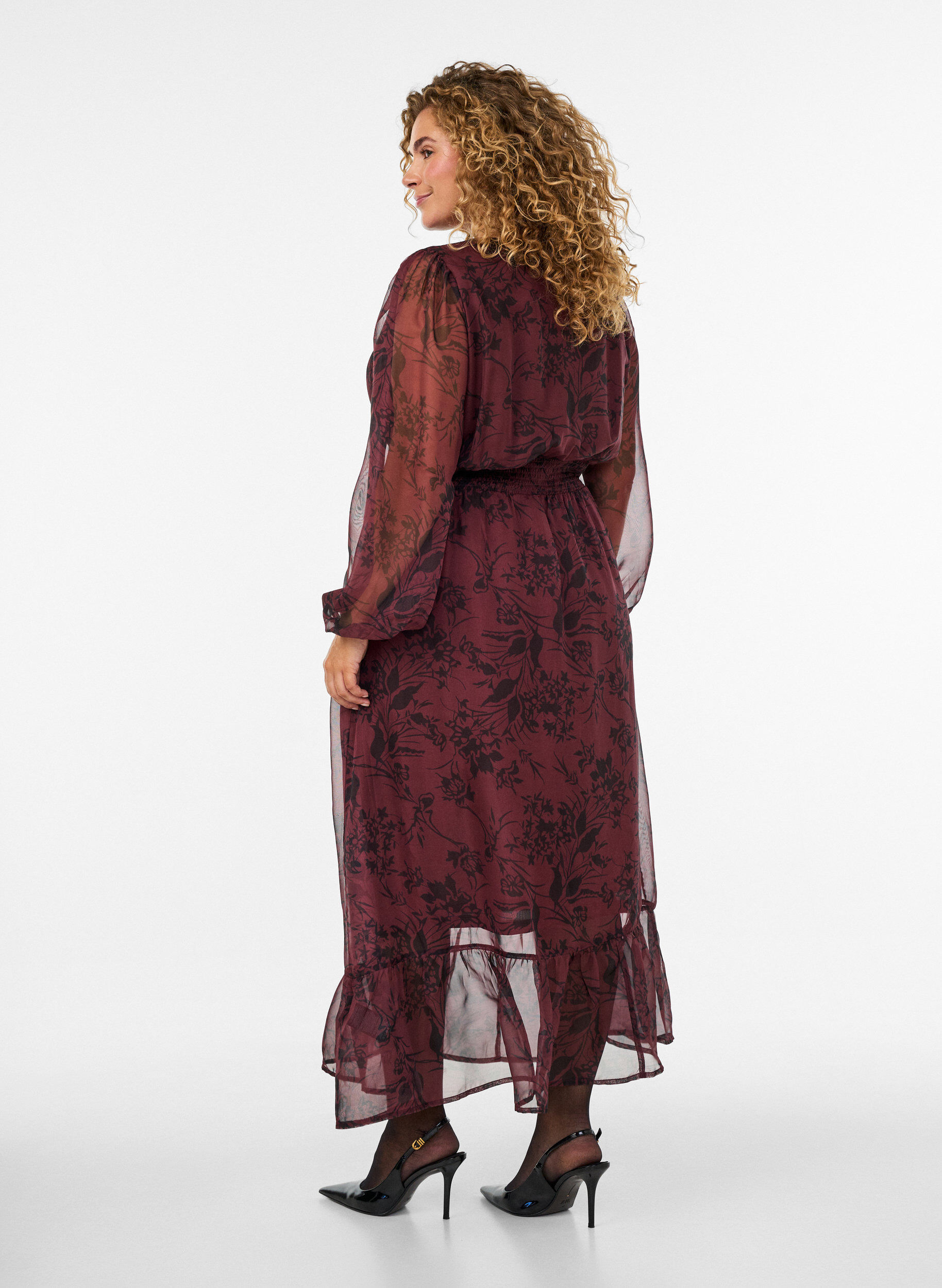 ZizziMaxikleid mit floralem Print und Smock, Dunkles Bordeaux, Model image number 1