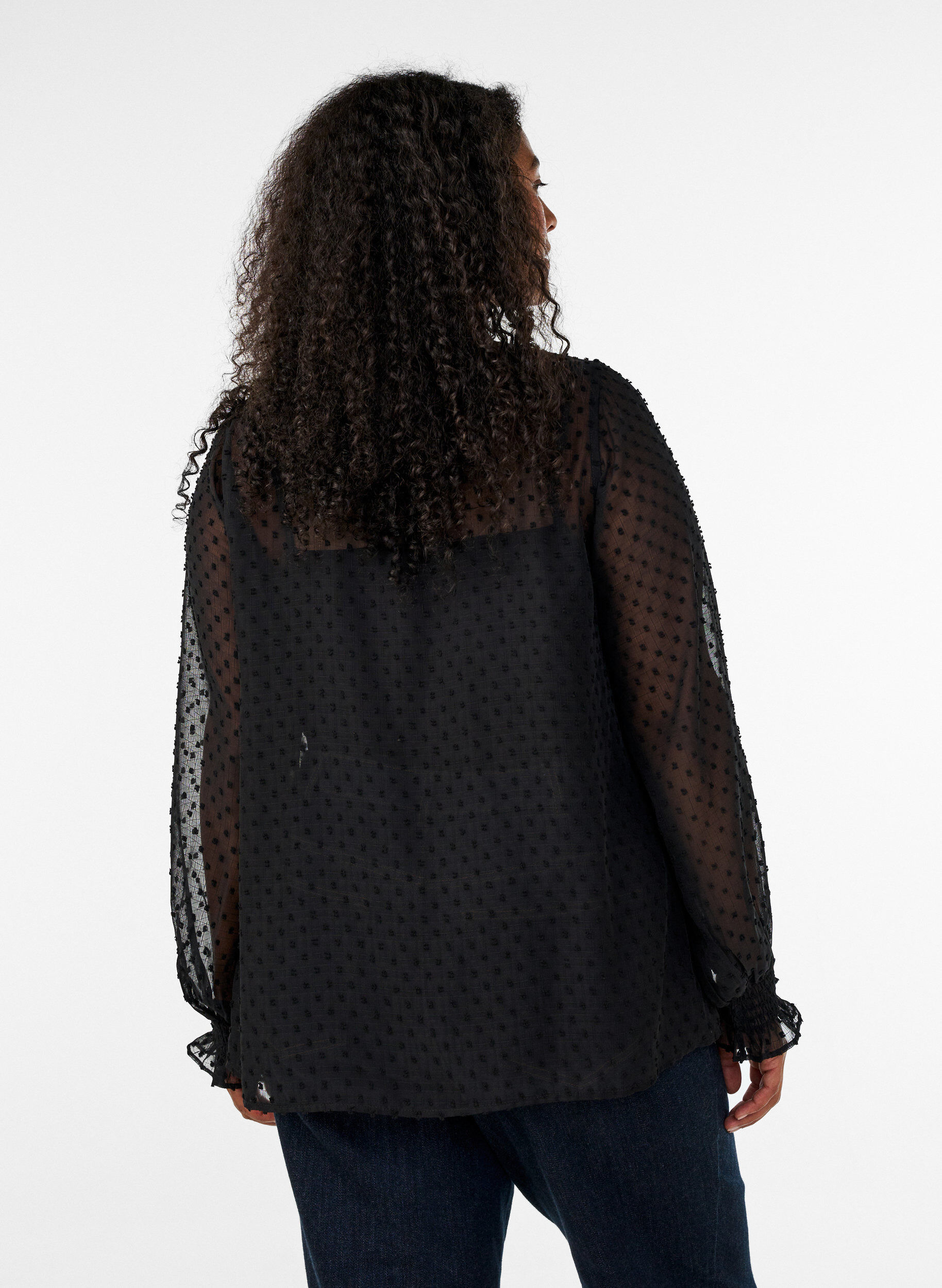 ZizziHemdbluse mit Spitzeneinsatz und Punktemuster, Schwarz, Model image number 2