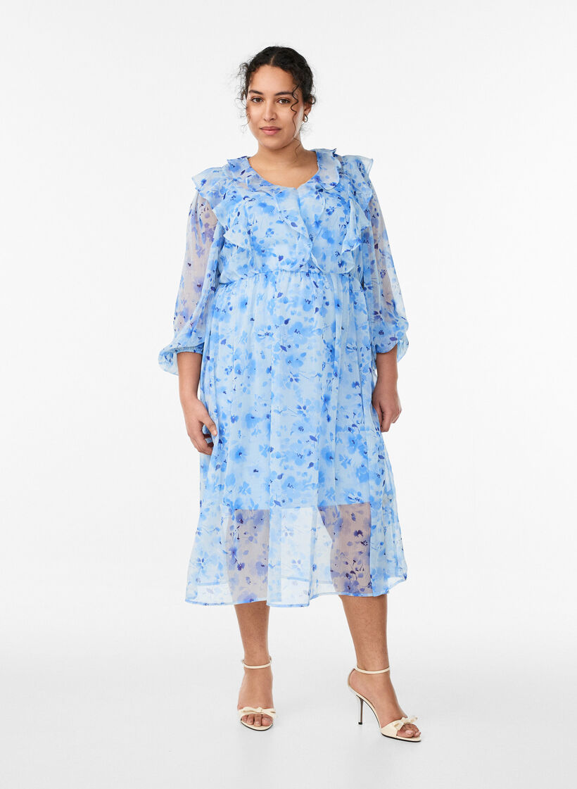 Robe en chiffon fleuri avec volants et manches longues, Bleu, Model image number 0