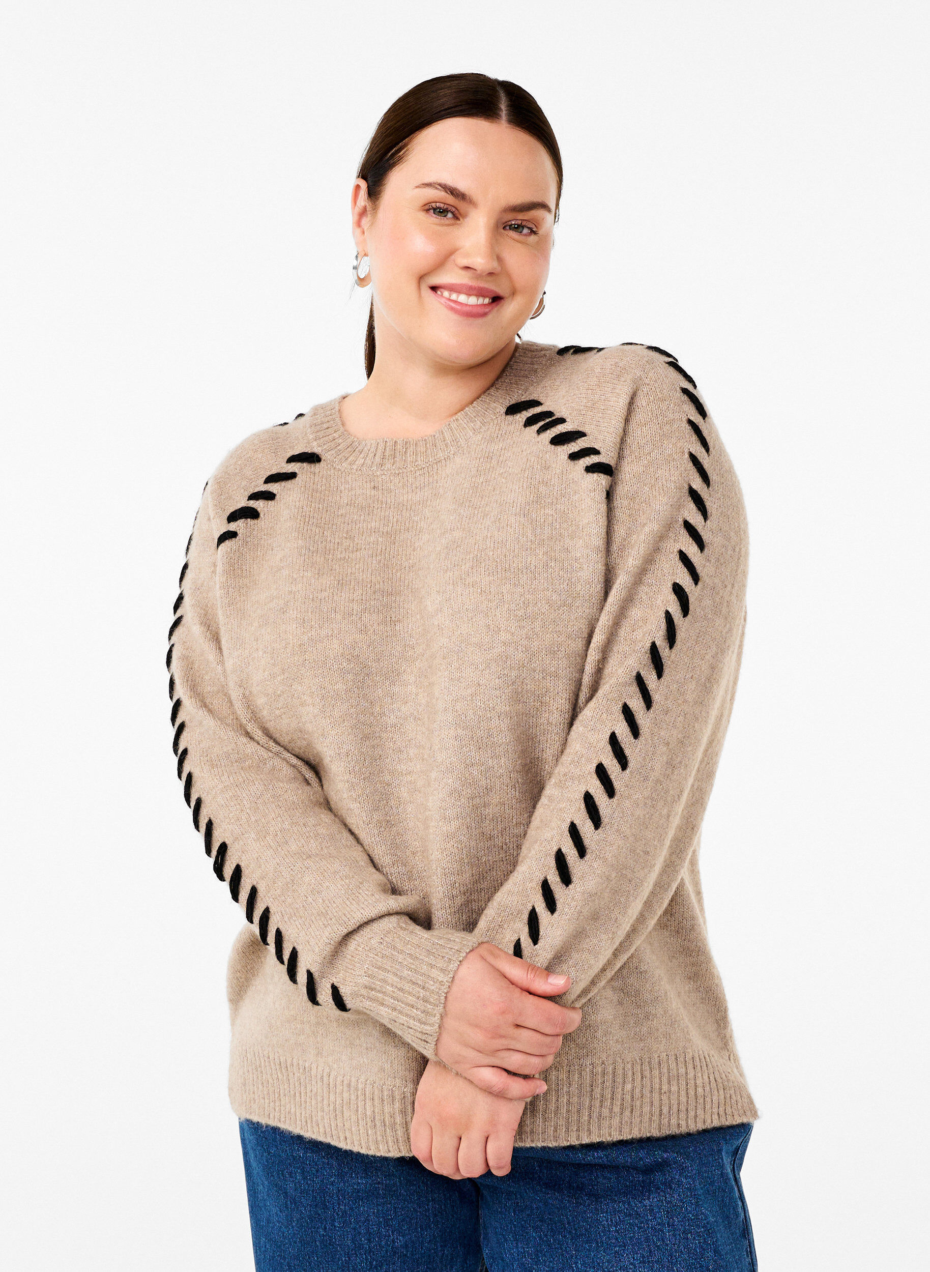 Zizzi Strickbluse mit Ziern&auml;hten, Desert T.Wh.Mel.Comb, Model image number 0