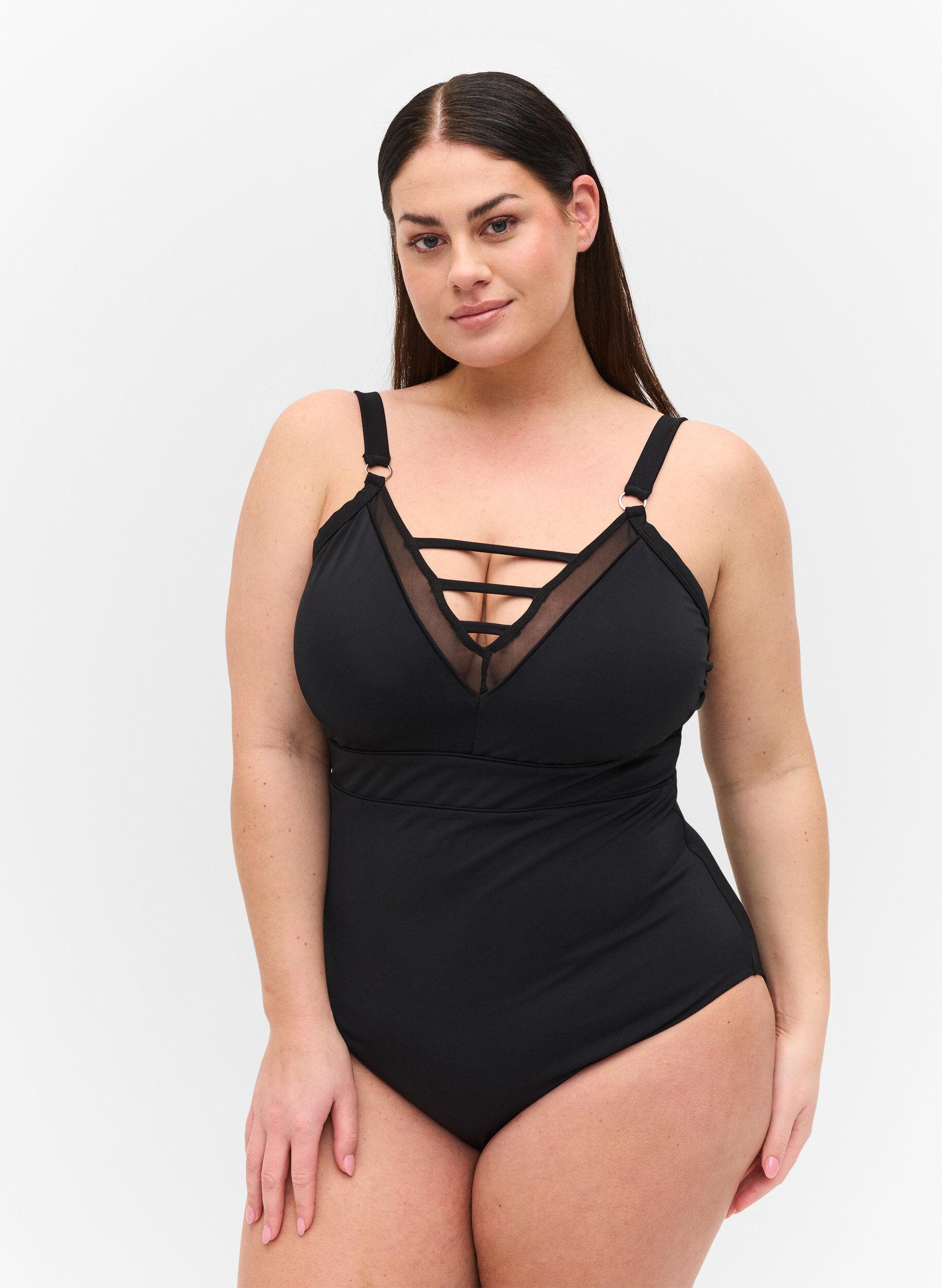 Zizzi Badeanzug mit V-Ausschnitt und Mesh, Black, Model image number 0