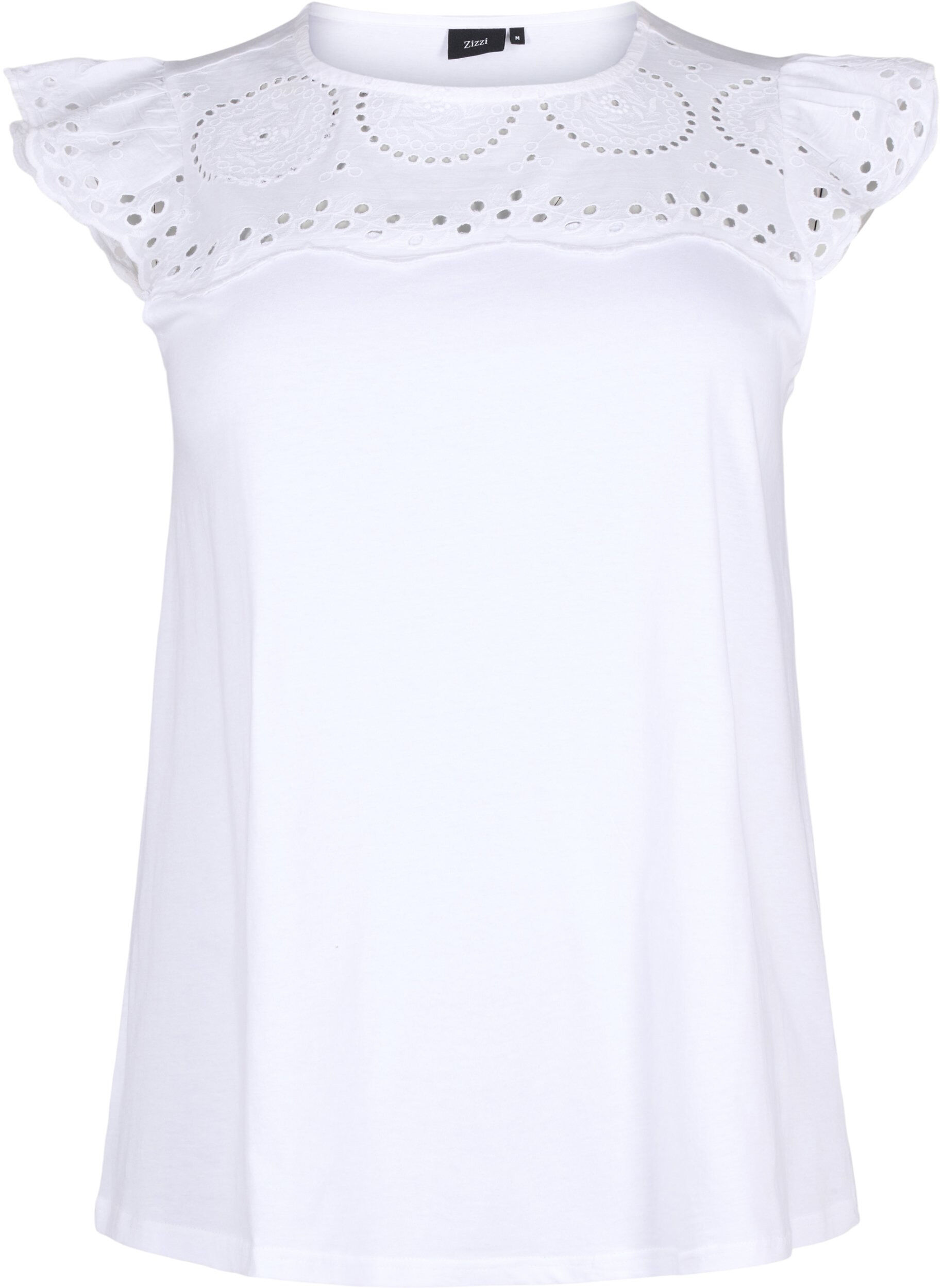 Zizzi T-shirt en coton biologique avec broderie anglaise, Bright White, Packshot image number 0