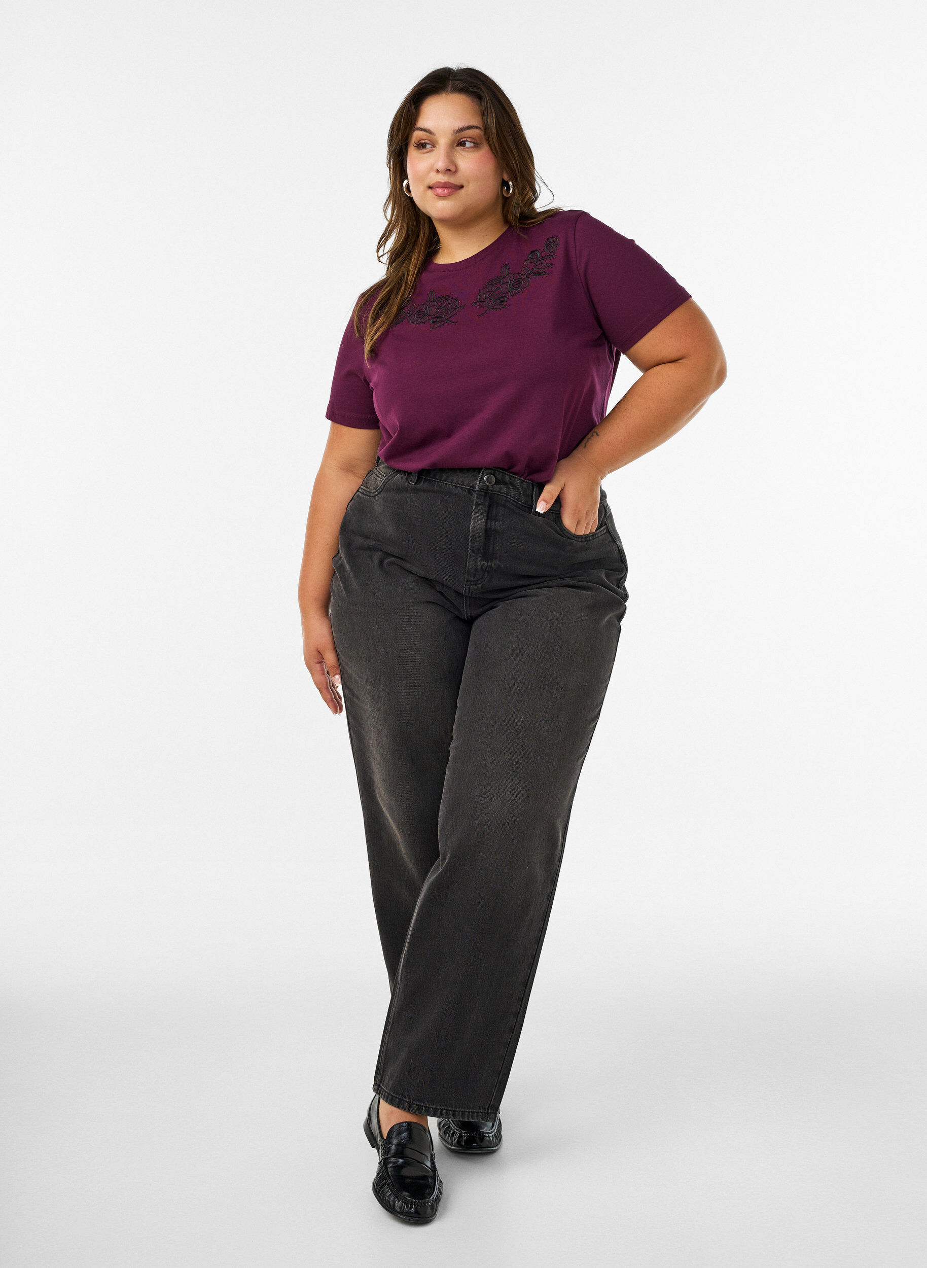 ZizziT-shirt avec broderie florale et strass, Violet, Model image number 1