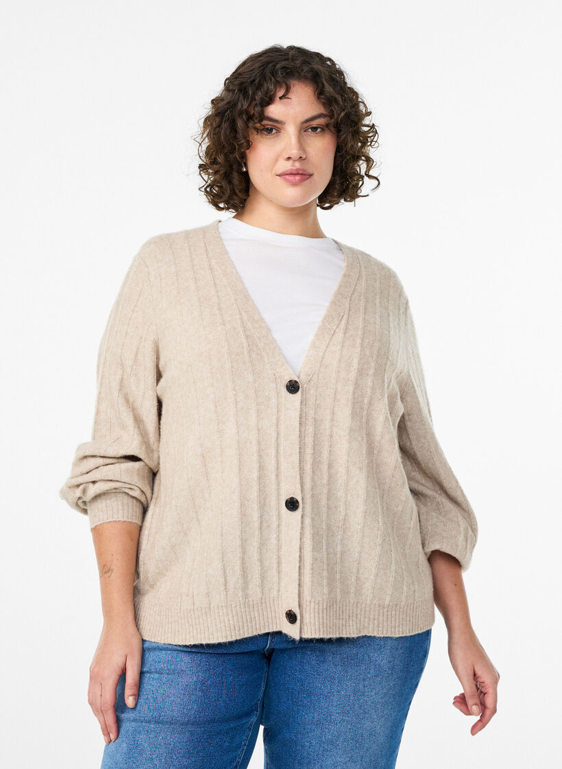 Cardigan à texture côtelée avec manches ballon, Beige, Model image number 0